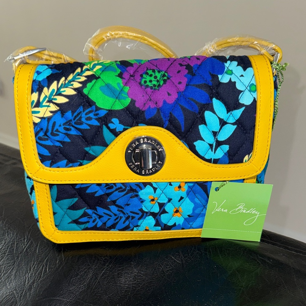 Vera Bradley Navy Quilted Floral Crossbody with Yellow Trim, Retired Print, $88